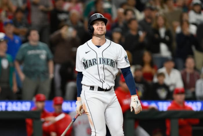 Sep 11, 2023; Seattle, Washington, USA; Seattle Mariners right fielder Jarred Kelenic (10) reacts to striking out against the Los Angeles Angels during the ninth inning at T-Mobile Park. Mandatory Credit: Steven Bisig-USA TODAY Sports